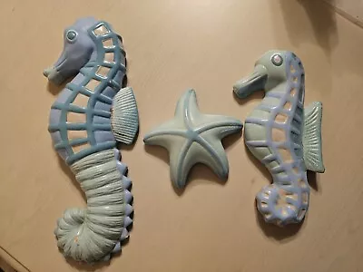 Vintage Set - 2 Blue Ceramic Seahorses And 1 Starfish - Wall / Flat Decoration • £80