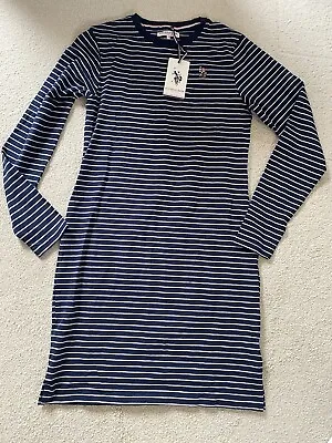 U S Polo Assn Ralph Lauren Navy Blue White Striped Dress M 8 10 • £19.99