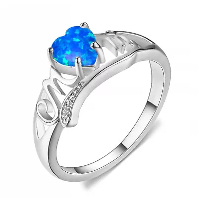 Women Fashion Silver Love Mom Blue Simulated Opal Ring Engagement Jewelry Siz8  • $0.01