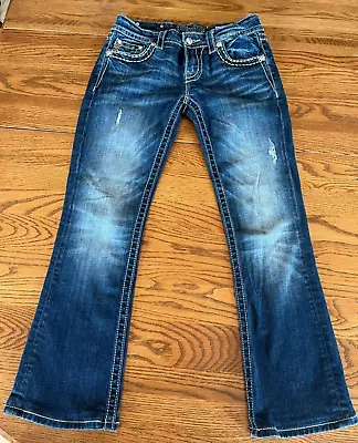 Miss Me Signature Rise Boot Cut Jeans Sz 28 Embllshd Bling Peace Sign Pckts EUC • $44.99