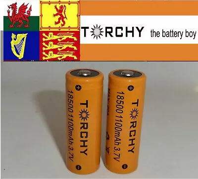 2x Torchy 1100mah 3.7V 18500 Lithium Ion Rechargeable Battery Button Top • £8.99