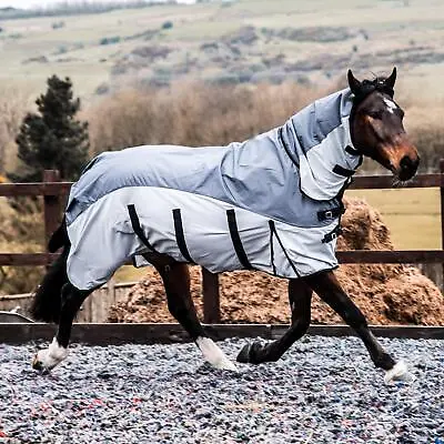 600D 2 In 1 Waterproof Fly Turnout Mesh Horse Rug Fixed Neck Grey/Silver 5'6-6'9 • £35.63