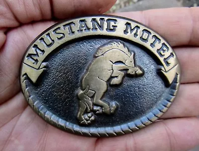 Vtg MUSTANG MOTEL Belt Buckle SIGN Los Angeles California Lodging Bronze RARE VG • $34.99