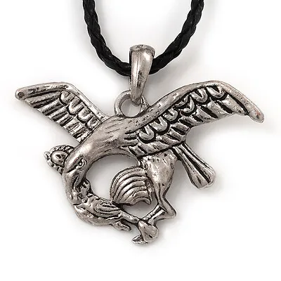 Silver Plated 'Eagle' Pendant On Black Leather Style Cord Necklace - 40cm • £8