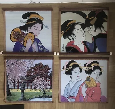 Vintage Japanese Embroidery Art Pictures Scroll Geisha Pagoda Rare Hanging • £30