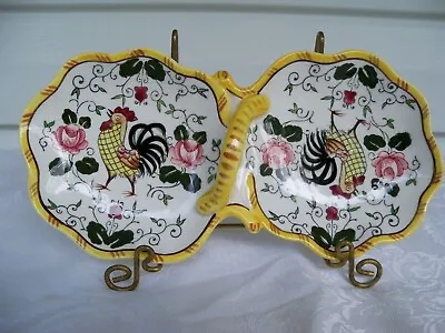  Ucagco China Early Provincial Rooster & Roses 2 Part Relish Dish Center Handle • $24