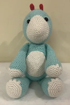 Plush Dinosaur Handmade Stuffed Animal Toy Knit Crochet Teal White W/Spikes Tail • $14.99