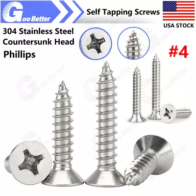 #4 304 Stainless Steel Phillips Flat Countersunk Head Self Tapping Wood Screws • $8.29