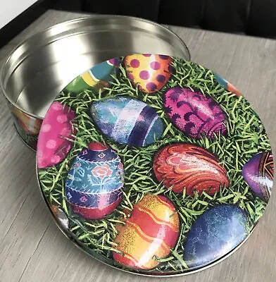 Round Easter Tin With Lid Painted Eggs In Grass Metal Holiday Container EMPTY • $6.94