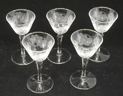 5 VINTAGE CUT GLASS COCKTAIL CORDIAL GLASSES STEMWARE W FLOWERS LIBBEY? • $15.99