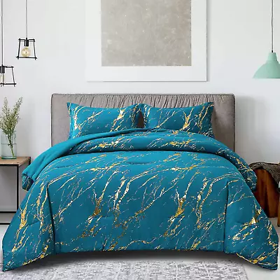 Teal Gold Metallic Marble Comforter Set Queen Foil Print Glitter Bedding Sets Wi • £92.17