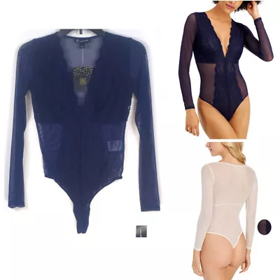 INC International Concepts Long-Sleeve Lace Mesh Bodysuit Vibrant Navy Ch Size • £16.29