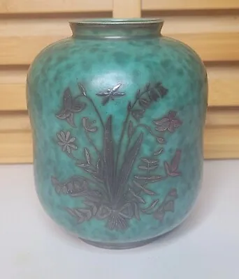 1939 Wilhelm Kage Gustavsberg Argenta Vase  Ceramic Floral Silver Overlay Sweden • $280