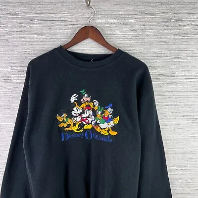 VINTAGE Disney Sweatshirt Mens Large Black Crewneck Fleece 90s Mickey Mouse Logo • $31.39