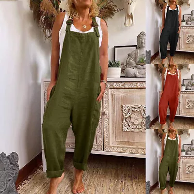 Womens Cotton Linen Strappy Jumpsuit Dungarees Ladies Baggy Overalls Trousers UK • £4.29