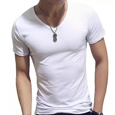 Men O-Neck Short Sleeve Tops T-shirt Slim Fit Stretch Sport Gym Muscle Tee Tunic • £7.88