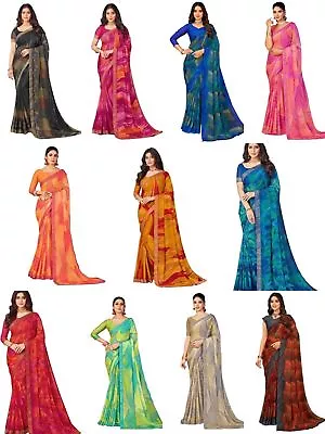 Women's Lace & Printed Chiffon Saree With Blouse KN0024 • £18.96