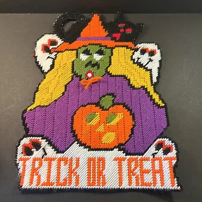 Vintage Plastic Canvas Trick Or Treat Halloween Witch Wall Hanging • $14.99