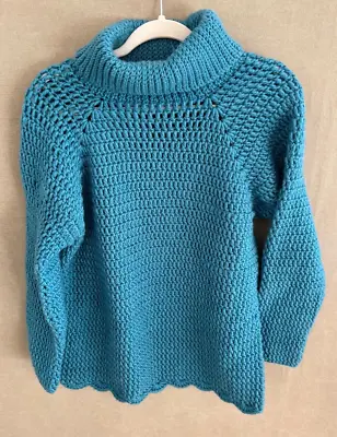 VTG Handmade W M Crochet Sweater  Turtleneck Teal Looks Unworn Mint Scallop Hem • $21.85