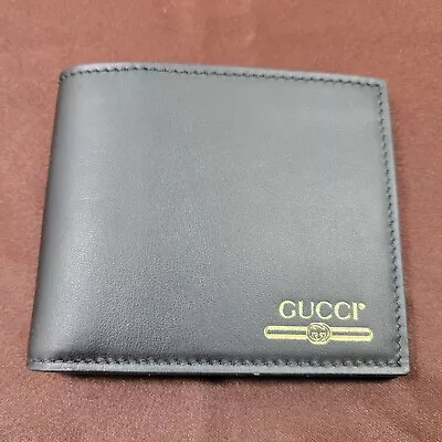 Gucci Gold Logo Bifold Black Leather Wallet New Authentic  • $258.50