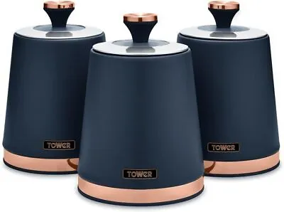 Tower Cavaletto Set Of 3 Storage Canisters Tea/Coffee/Sugar Jars - Midnight Blue • £27.18