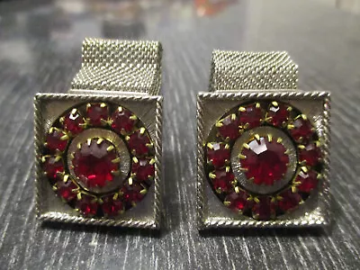 Vintage Mid Century Modern Red Rhinestone Silver Tone Mesh Wrap Around Cufflinks • $25