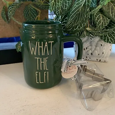 Rae Dunn Green What The Elf! Mason Jar Mug With Tree Cookie Cutter Set • $10.99