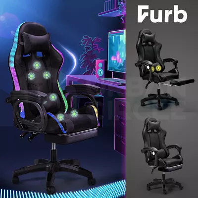 Furb Black Gaming Chair Racing Recliner Leather Office Chair Footrest Lumbar  • $129.95