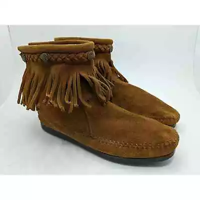 Minnetonka Moccasins 292 Size 7.5 High Top Fringe Boot Brown Tan Suede Boots • £21.20