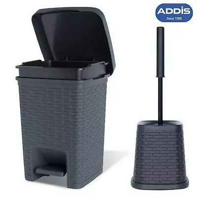 Addis Rattan Effect Pedal Bin & Toilet Brush Holder Bathroom Set Charcoal Grey • £15.90