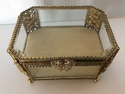 Vintage Large Gold Gilt Ormolu Filigree Beveled Glass Hinged Footed Jewelry Box • $58.99