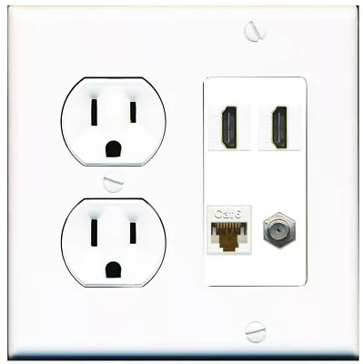 15A Round Power Outlet 2 Port HDMI CAT6 Ethernet Coax Cable TV Wall Plate • $23.50