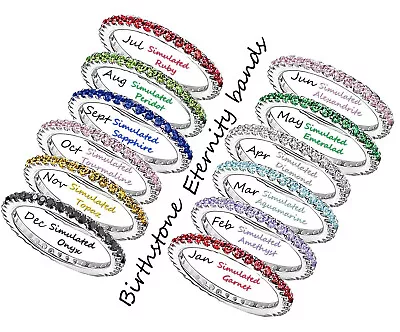 Sterling Silver Birthstone Ring Womens Thin Eternity Band CZ Birth Stone [NEW] • $15.95