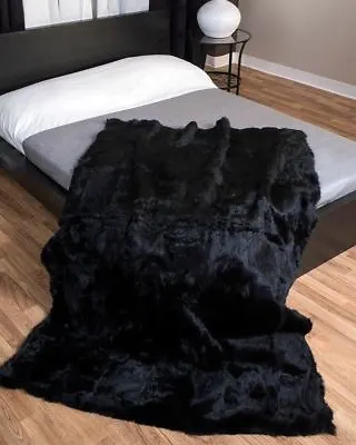 Real Rabbit Fur NATURAL Blanket Real Fur Carpet Rug Skin PelzThrow Leather Black • $31.34