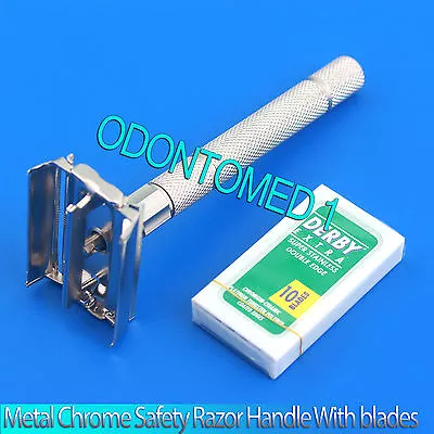 Metal Chrome Safety Razor Handle Double Edge 10 Blades Traditional Shaver • $9.90