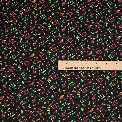 Musical Notes Music Theme On Black Cotton Fabric 1/2 Yard #295E-MLT • $3.76