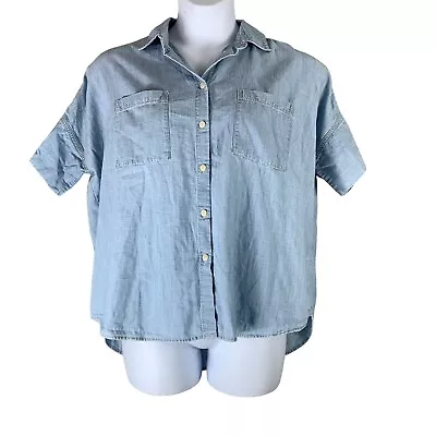 Madewell Size Large Denim Shirt Short Sleeved Button Up Top Hi Low Womens Blouse • $32.98