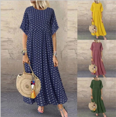 £11.69 • Buy Ladies Polka Dot Beach Maxi Sundress Plus Size Womens Holiday Loose Casual Dress