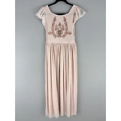 Joyfolie Mia Joy Pale Pink Blush Maxi Dress Flutter Sleeve Beaded Floral Chest • $65
