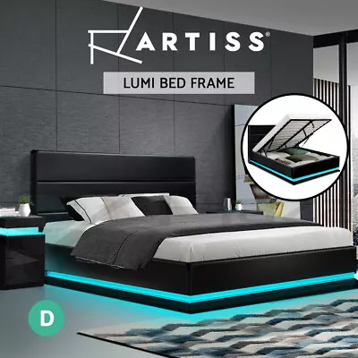 Artiss Bed Frame Double Size RGB LED Gas Lift Storage Mattress Base Black LUMI • $329.95