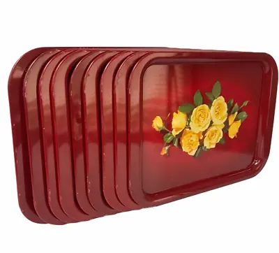 Metal Serving Lap TV Trays Red With Yellow Roses Mid Century Vintage Lot Of 9 • $59.76