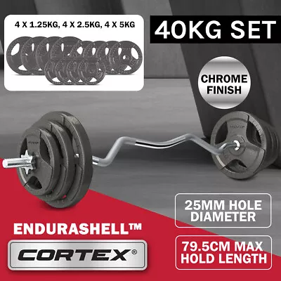 NEW CORTEX 40kg Ez Curl Bar With 25mm Standard Cast Iron Weight Plate Set • $217.27