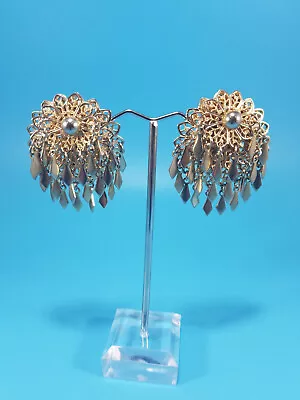 VINTAGE FILIGREE GYPSY Clip On EARRINGS Gold Tone Fashion Ornate METAL LACE • $34