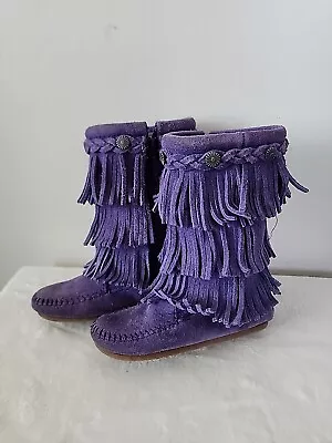 Minnetonka Purple Leather Fringe Zippered Moccasins S/N 2654S Girls Size 11 • £14.60