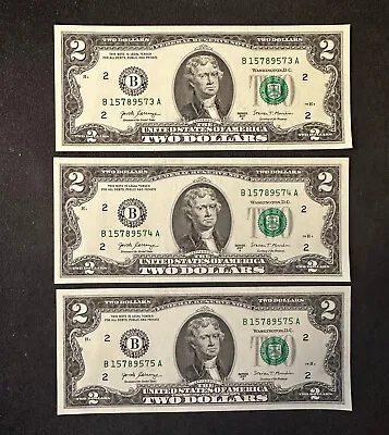 Lot Of 3 CRISP Two Dollar Bills - Consecutive Serial # $2s Real Money Gem Mint! • $9.90
