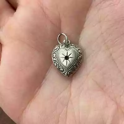 Vintage 925 Sterling Silver Repousse Star Puffy Heart Dented Bracelet Charm • $24.99