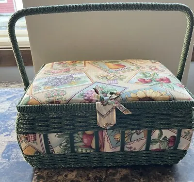 Sewing Basket Fruits And Floral W Wicker Handle Made In Philippines EUC • $20