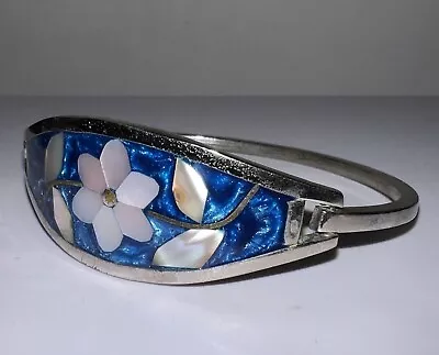 Vntg Silver Alpaca Mexico Mother Of Pearl Blue Floral Inlay Hinged Cuff Bracelet • $14