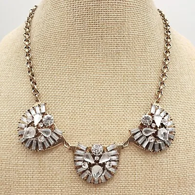 J. Crew Necklace Womens Clear Crystal Bib Pendants Gold Tone Modernist Statement • $34.99