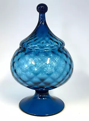 Vintage Blue Glass Compote Pedestal Lidded Candy Dish Diamond Pattern 10  • $49